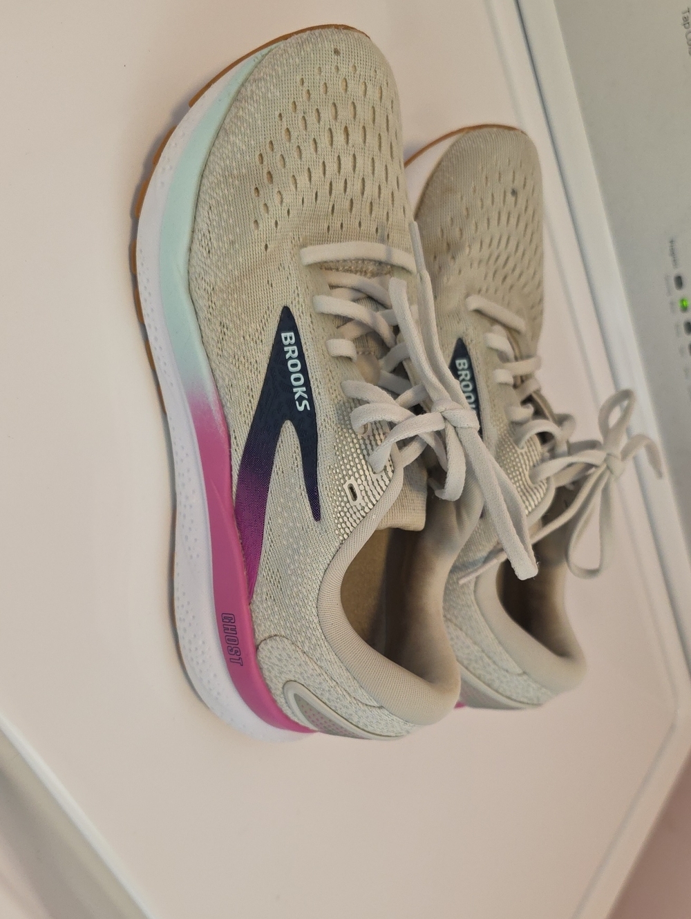 Brooks Ghost Women's Running Shoes - Light Beige with Pink & Purple Accent 7